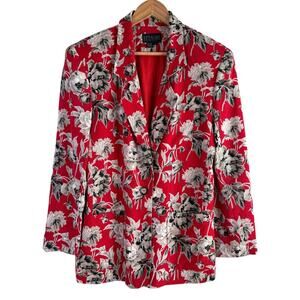 Vintage 80s Attaché by Herman Geist‎ Linen Red Floral Blazer Jacket, Size 8